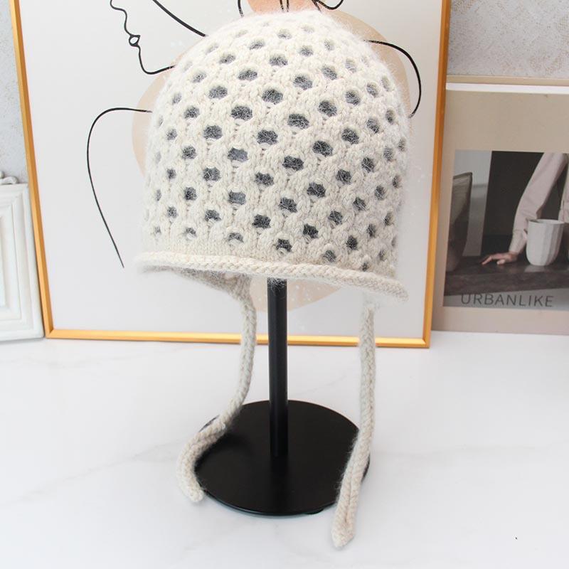 Hollow ear protector knitted hat women's autumn and winter lace-up headgear retro woven wool hat outdoor outing hat