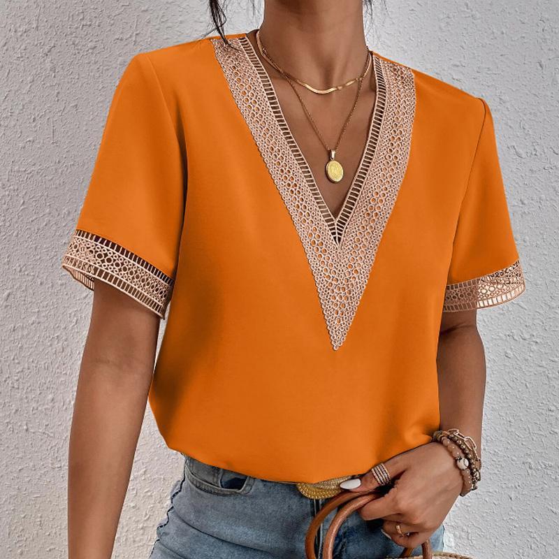 Women's Fashion Shirts Casual Shirt Summer Spring Solid Color Print Lace Short Sleeve V-Neck Blouses & Shirts