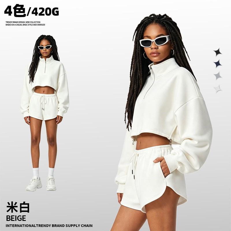 Womens Oversized Short Crop Hoodless Zip-Up Sweatshirt With Drawstring Waist Cotton Blend Streetwear Style