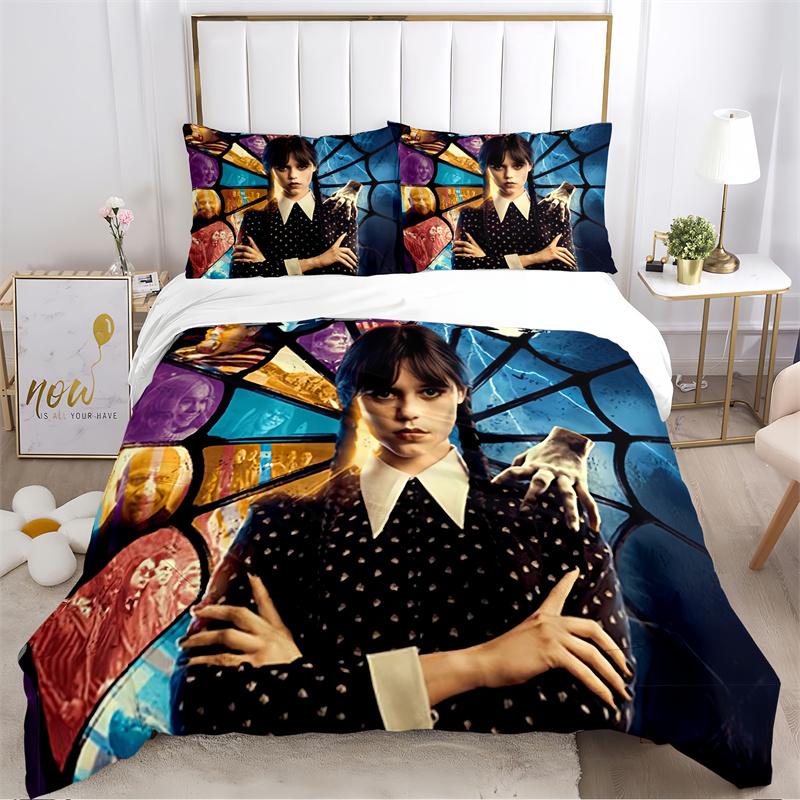 Dark Style Girl with Braids Print Bedding Set, Black & Purple Bed Linen(1 * Duvet Cover + 2 * Pillowcase, Without Core)