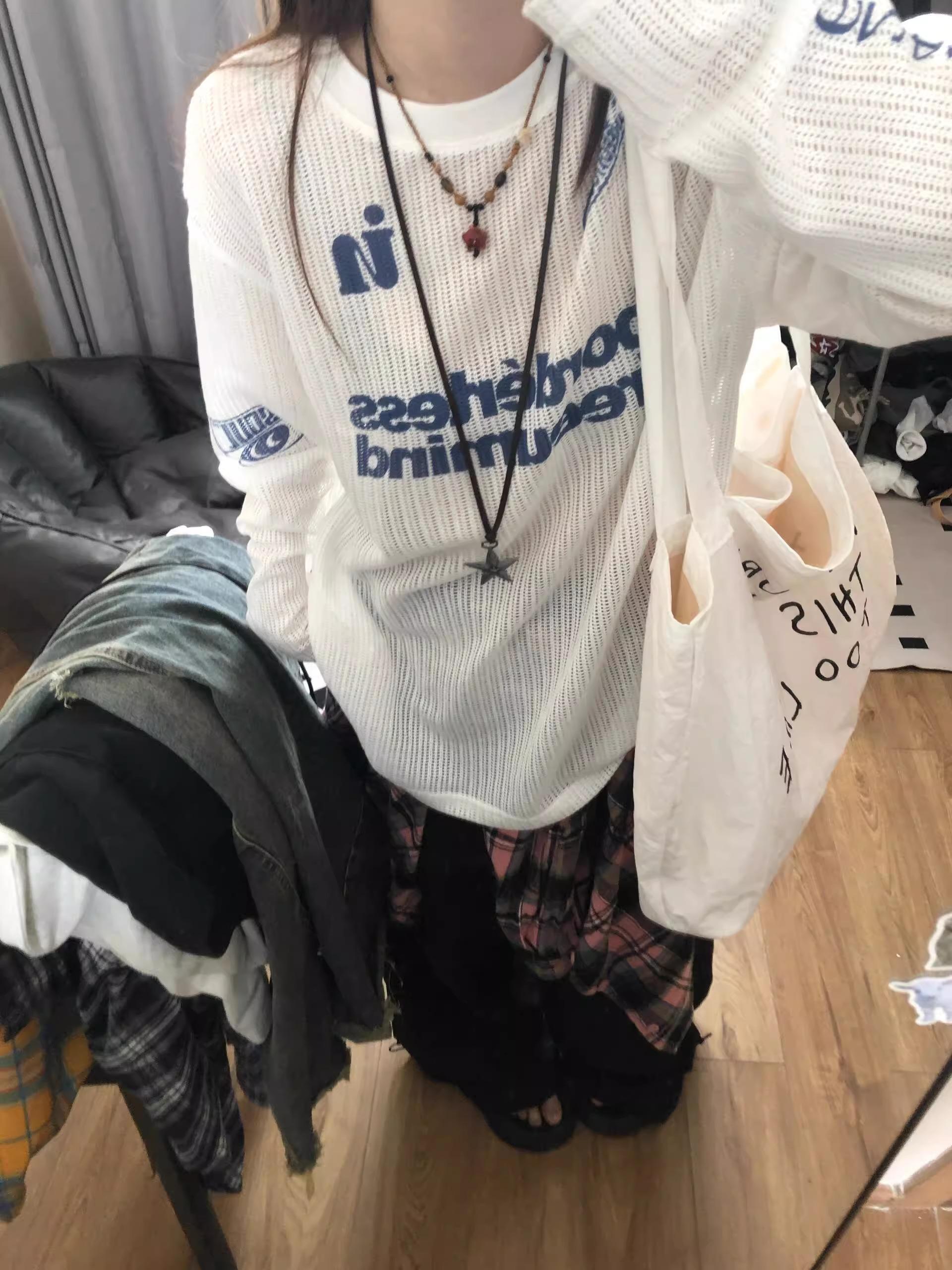 Национальные модные брендовые буквы слегка прозрачные белые с длинным рукавом солнцезащитная одежда женская осенняя тонкая свободная одежда Harajuk... S белый