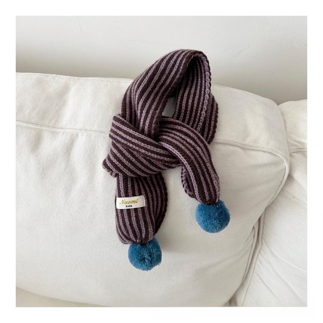 

Korean style children s vertical striped scarf, stylish wool ball warm scarf for boys and girls daily wear small scarf кавовий