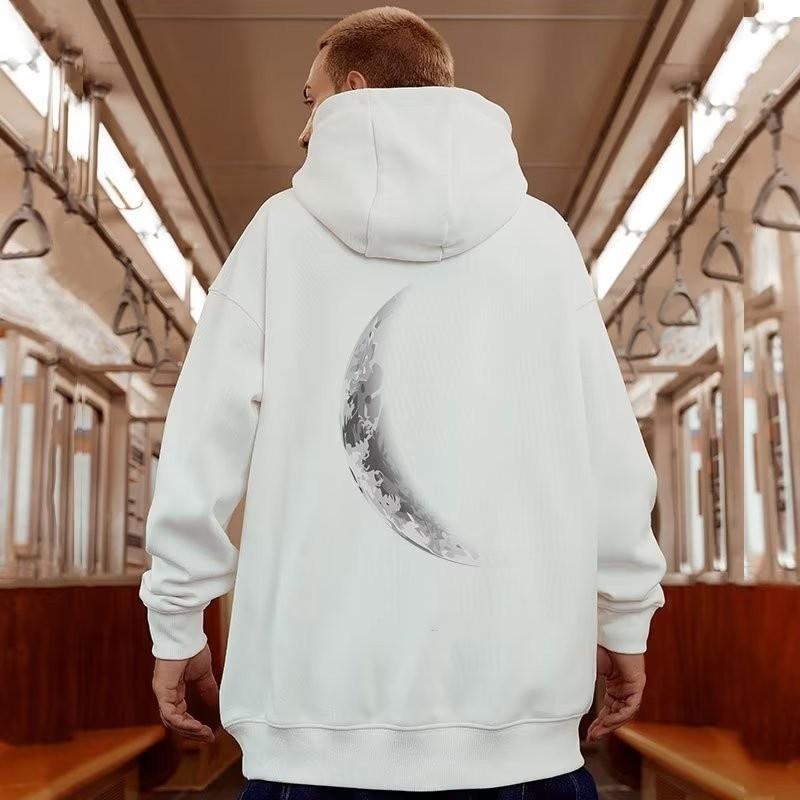 Men's Oversized Pullover Hoodie Loose American Retro Crescent Print Long Sleeve Couple Outfit Fashionable Casual Streetwear Moto