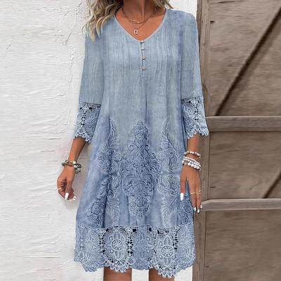 New V-neck Women's Dress for Spring and Autumn, Long Skirt with Printed Lace