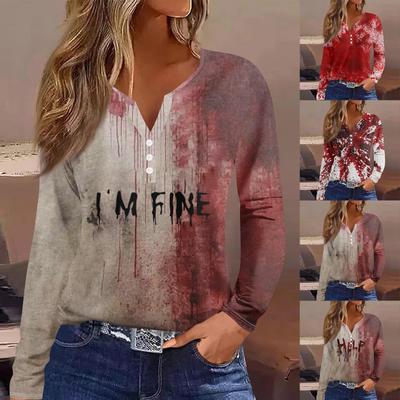 Damski T-shirt I'M Fine Krwawy Nadruk Koszula Guziki Krótki Rękaw Codzienny Weekendowy Moda Podstawowy Dekolt V Regularny Top