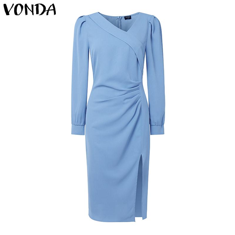 

VONDA Элегантное женское платье миди с длинным рукавом, плиссировкой по бокам и разрезами, повседневное, офисное 4XL синий