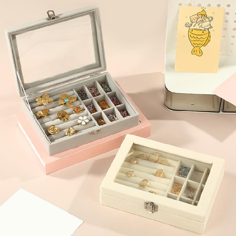 Compartment Jewelry Storage Box with Ring Rolls, Soft Lining and Hinged Lid for Dresser Top and Vanity Storage