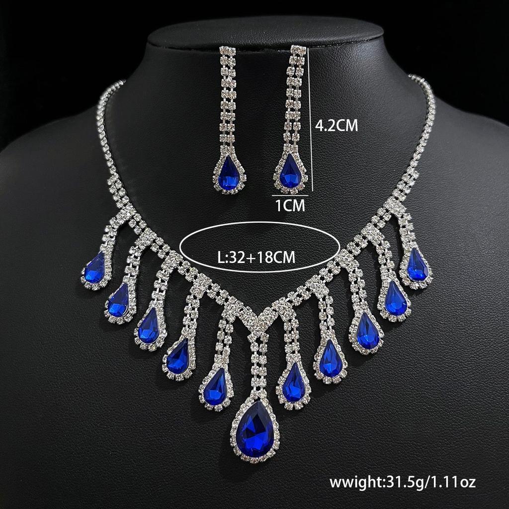 Fashion Bright Diamond Necklace Earrings Set Bridal Wedding Blue Water Drop Tassel Jewelry Two-piece Set