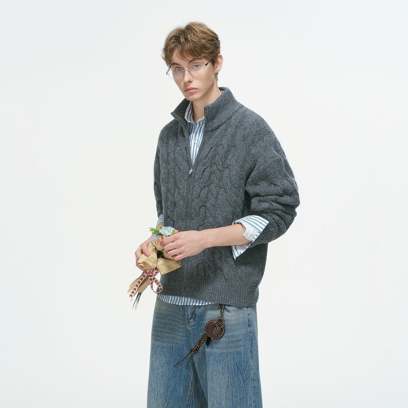 Dream Made Old Money Style New Rich Twist Cardigan Sweater for Men Winter Thickened Knitwear Embossed Sweater