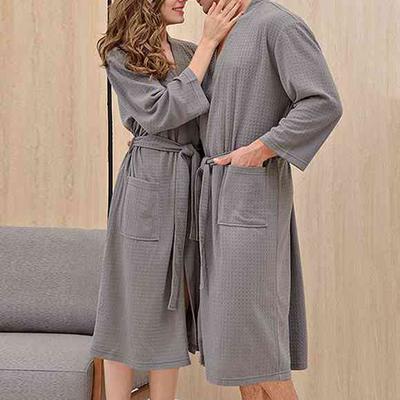 Unisex Home Water-absorbing Quick-drying Simple Home Couple Nightgown Solid Color Lace-up Long Nightgown Bathrobe