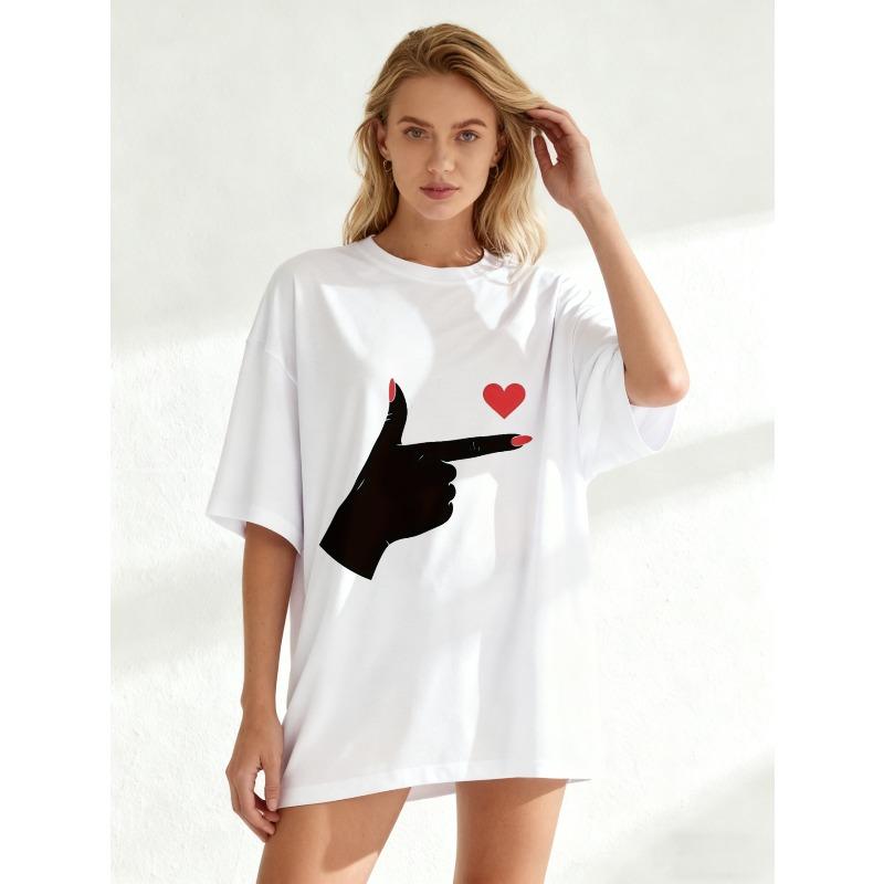 Oversized T Shirt Black Hand Pointing Heart Print Casual Streetwear Summer Top For Women