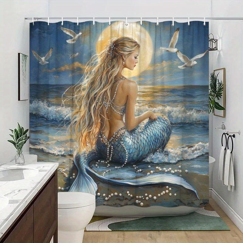 

Mermaid Moonlight Beach Shower Curtain Washable Dirt-Resistant Shower Head Waterproof Polyester Bath Curtain For Home Decor W60H190(CM)-1 Pcs