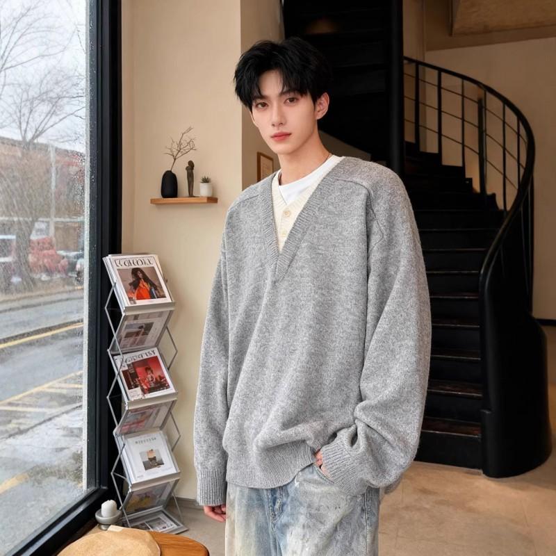 Mens V-Neck Knit Sweater Long Sleeve Loose Fit Casual Winter Pullover