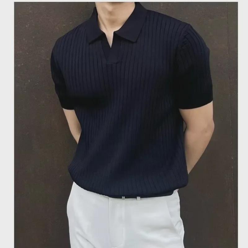 2023 Men's Summer Striped V-Neck Ice Silk Polo Shirt - Short Sleeve, Thin Knit Fashion Top