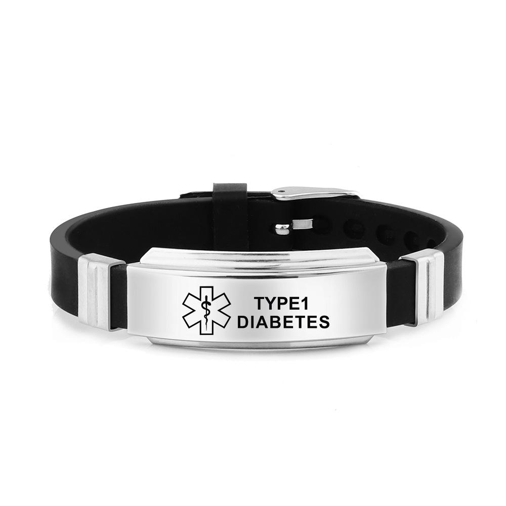 Medizinisches Alarm-ID-Armband Lasergraviert Typ 1/2 Diabetes Schrittmacher Verstellbares Armband für Kinder Frauen Männer Notfall Erste Hilfe black