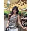 Korean Contrasting Striped Slanted Shoulder Suspender Summer New Irregular Design Slim and Thin Sleeveless Sexy Top