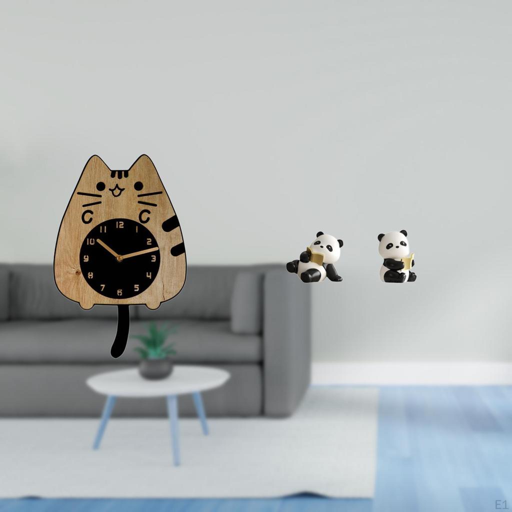 Cat Panda Wall Clock Ornament Silent Hanging Kitchen Office Housewarming Gift Resin Bookend Figurine
