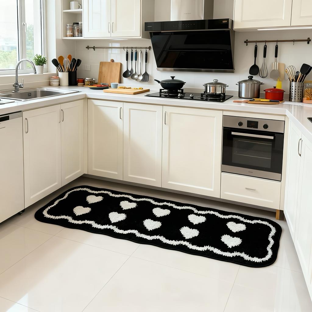 Black White Heart Pattern Bath Mat Absorbent Non-Slip Kitchen Bathroom Rug Soft Fluffy Shower Floor Mat Home Bathroom Decor Gift