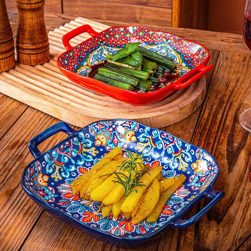 

Bohemian Style Square Ceramic Dinner Plate with Dual Handles