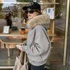 Women's Short Parka Jacket Hooded Faux Fur Collar Contrast Stitching Zip Up Ribbed Hem Winter Coat