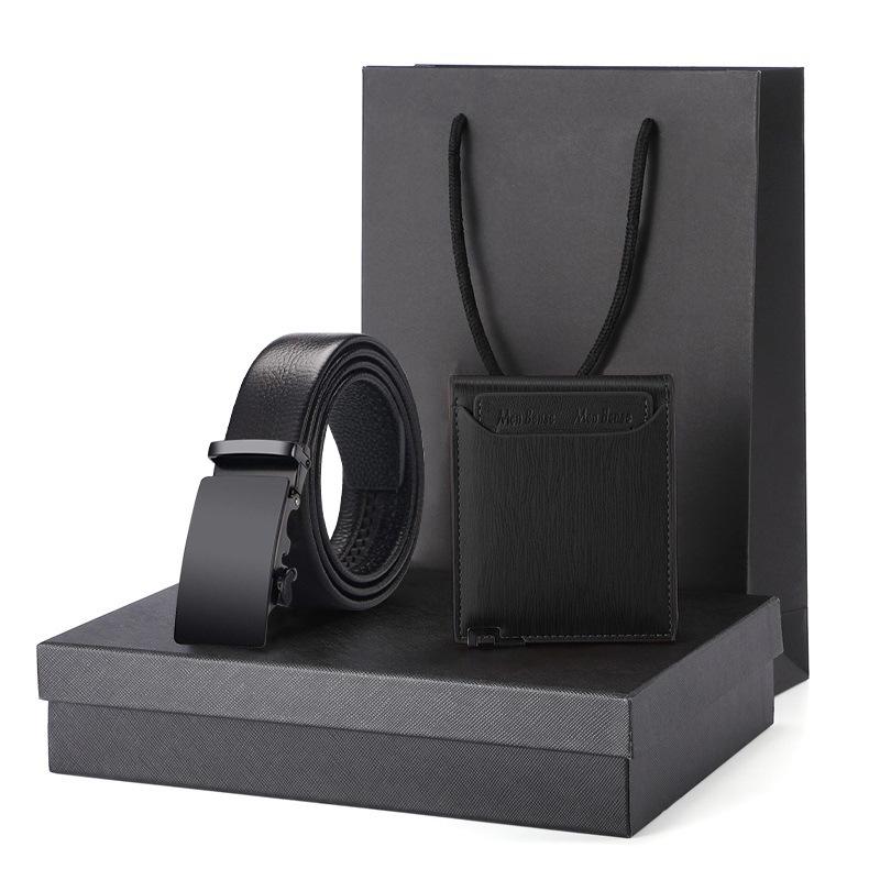Men's Business Gift Set: Cowhide Wallet with Automatic Buckle Belt