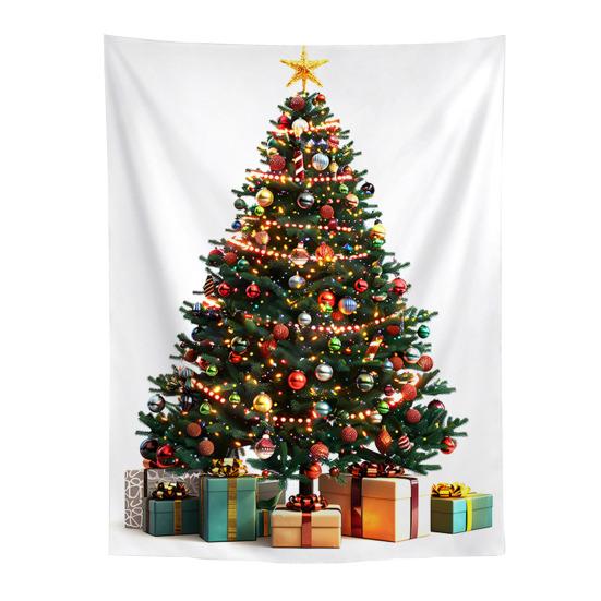 Festive Window Hanging Merry Christmas Tapestry, Wall Fabric Backdrop, Xmas Tree Winter Holiday Party Scene Decoration Art for Living Room,