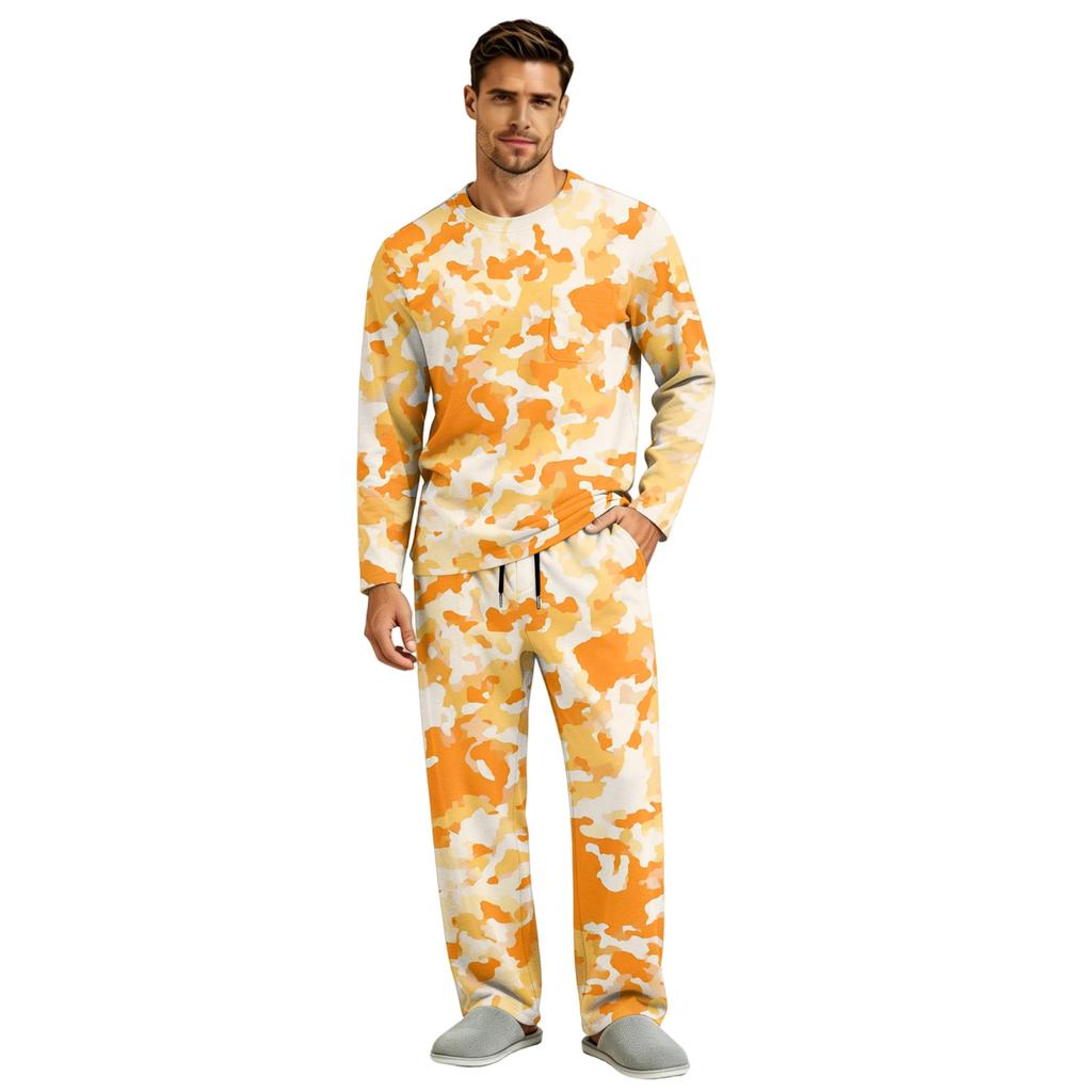 Men's Long Sleeve Pajama Set with Button Crotch and Elastic Drawstring Waist Pants for Home Loungewear