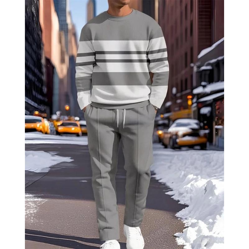 Men's Casual 2-Piece Set Comfortable Long-Sleeved Printing Round Neck Man T-Shirt and Drawstring Sport Two-Piece Sets