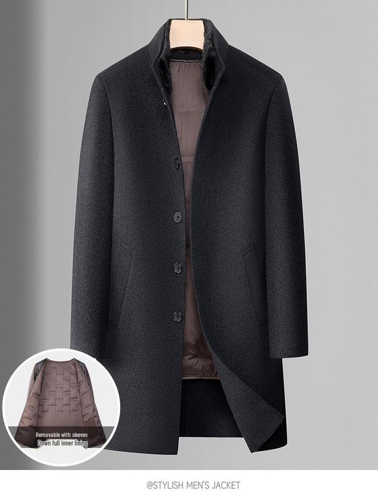 Men's Double-Sided Wool Coat with Detachable Down Liner and Stand Collar