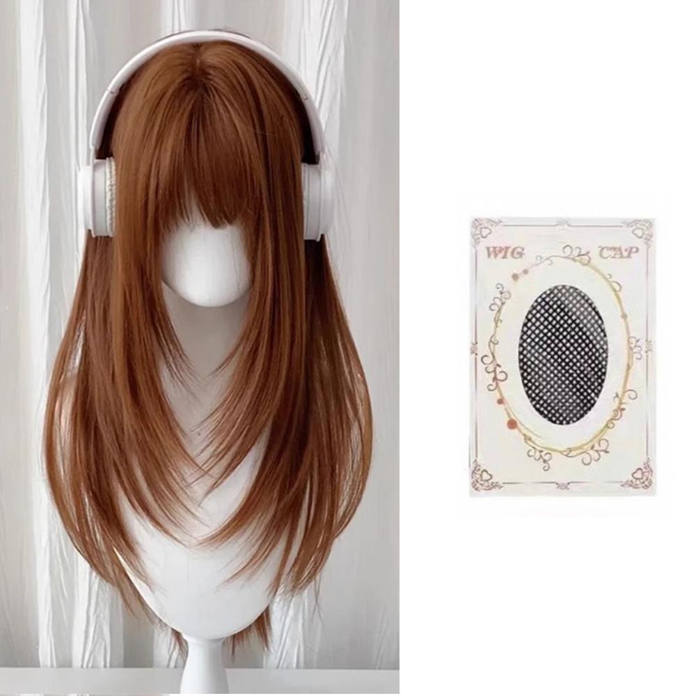 Flax Gold Synthetic Wig with Bangs Long Straight Hair High-Layered Lolita Wigs for Women's Daily Cosplay Wig Heat Resistant