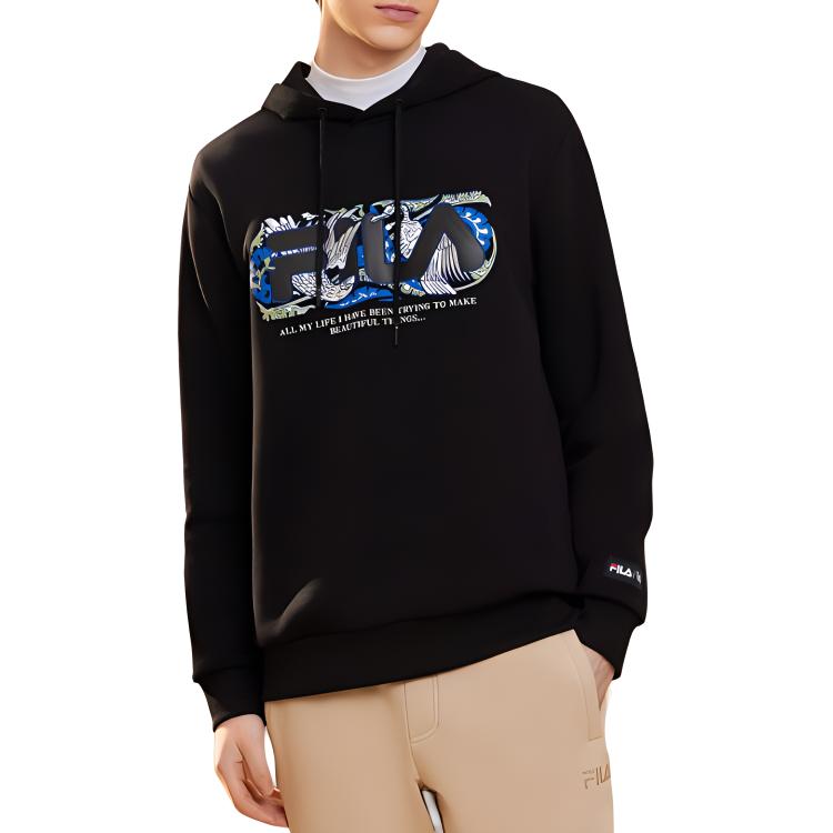 Fila X V&A Collaboration Morgan Series Floral Bird Logo Printed Hoodie Men Hoodies Black F11M418207F-BK