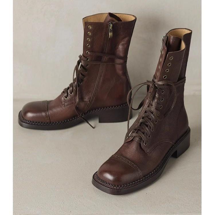 

Винтажные британские квадратные ботинки Martin из мягкой кожи женские, осень 2025, новые короткие ботинки на шнуровке, средние, ковбойские сапоги в стиле рыцарь в стиле вестерн 40