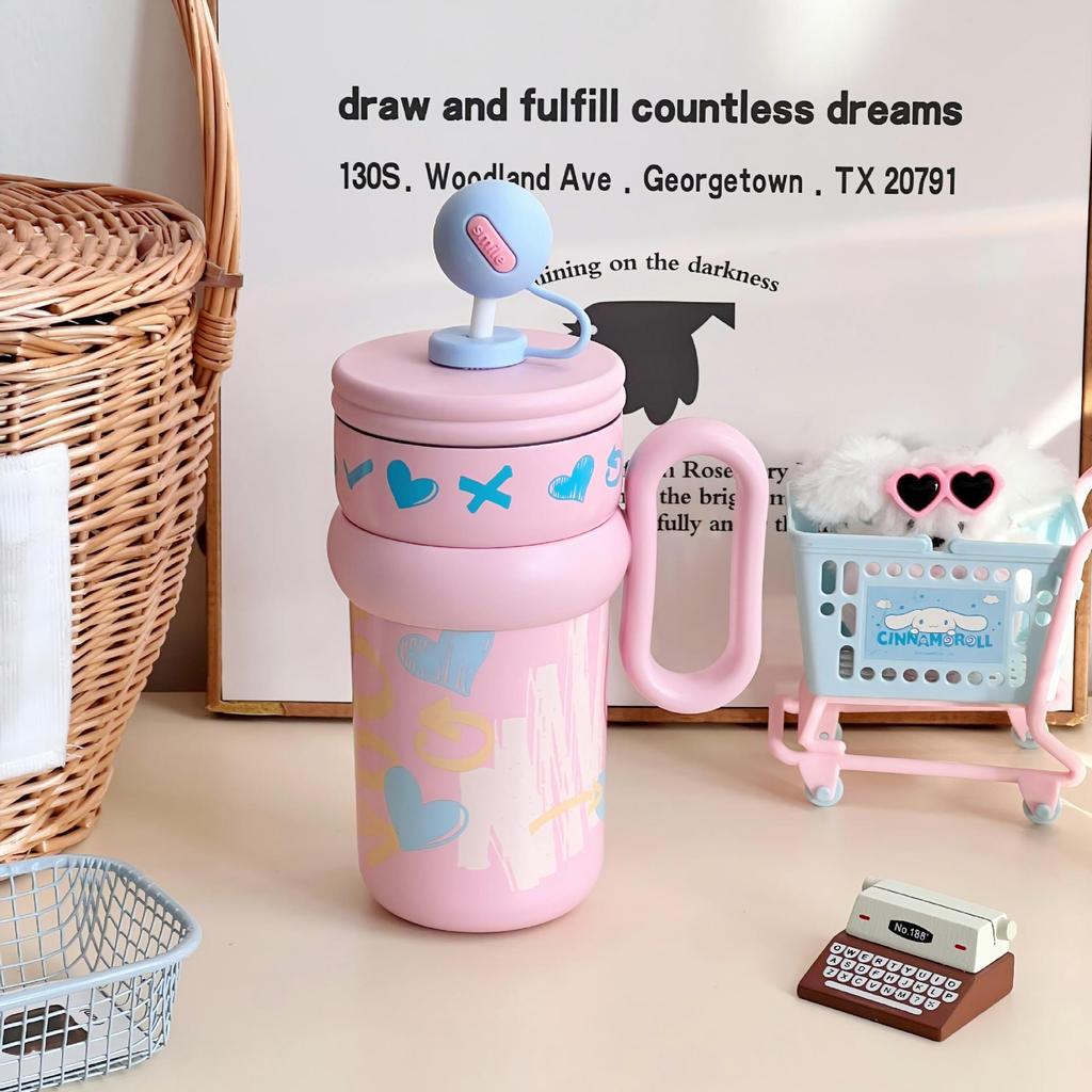 

Cartoon Style Insulation Cup For Girls With Large Capacity And Builtin Straw For Home Use Pink Doodle