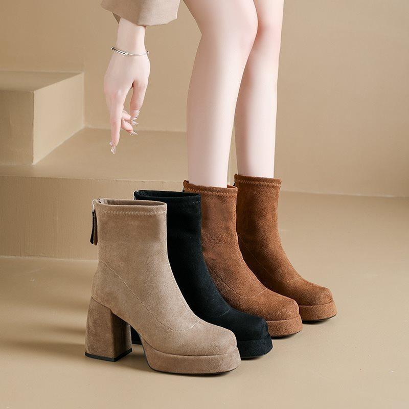 Fleece Autumn and Winter Waterproof Table, High-heeled Short Boots, Women's Thick-soled Thin Boots, New Boots.