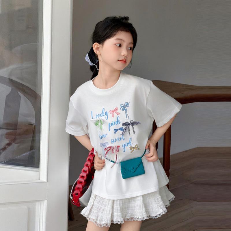 Girls’ Summer 2026 Stylish Bowknot T-Shirt & Skirt Set 130cm