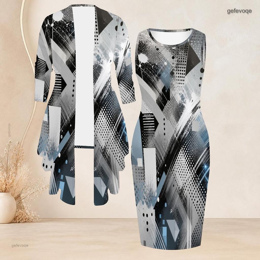 Women Plus Size Two Piece Set Printed Sleeveless Bodycon Dress Long Sleeve Open Cardigan Black Golden