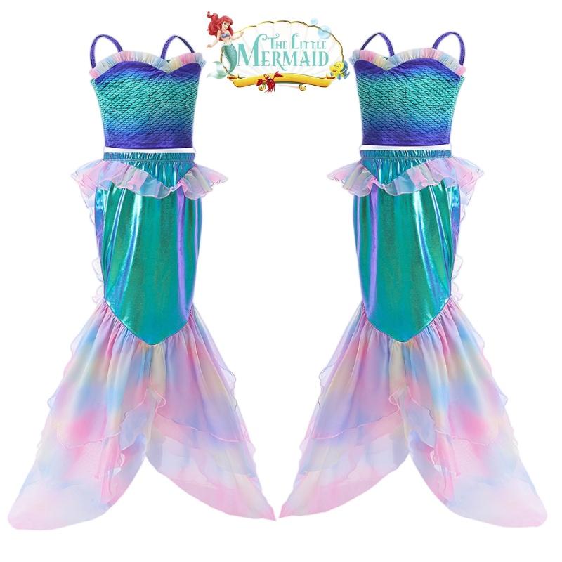 Girls Mermaid Cosplay Swimwear Set With Lace Splice And Halter Neck Skirt