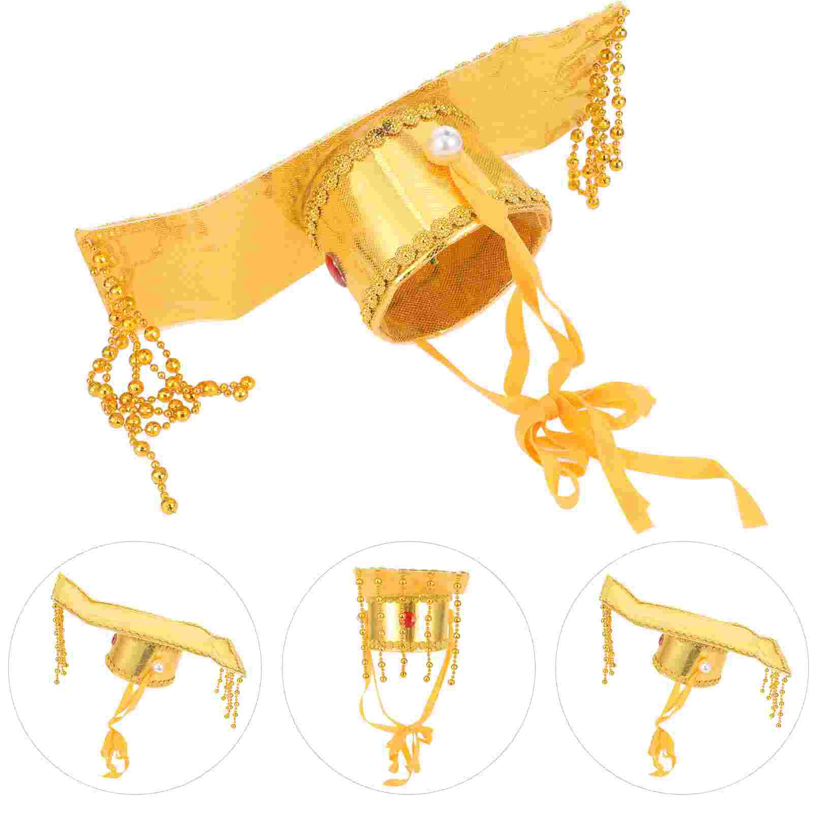 Китайская императорская шляпа Костюм для косплея императора Древний королевский головной убор императора с бусинами Азиатская императорская кепка для взрослых и детей Ролевая игра 29x13cm золотистый