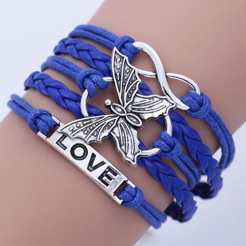 Unisex Retro Multicolor Butterfly Leather Infinity Bracelet
