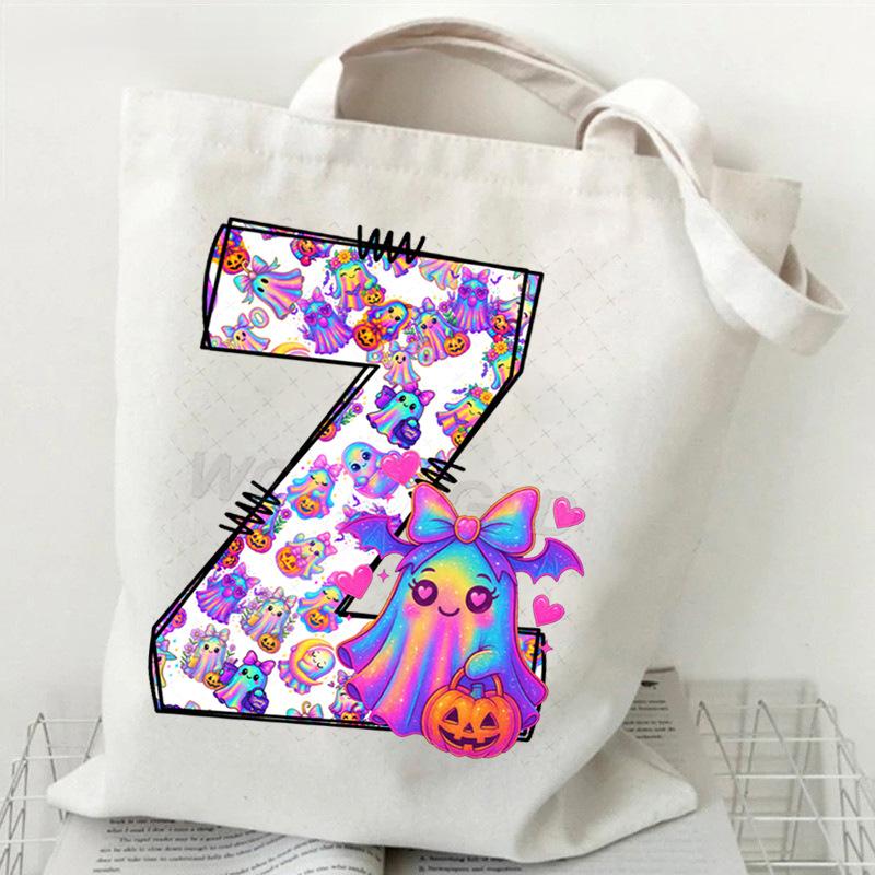 Halloween Alphabet Canvas Bag Going Out Portable Handbag Women's Large Capacity Casual Shoulder Crossbody Bag