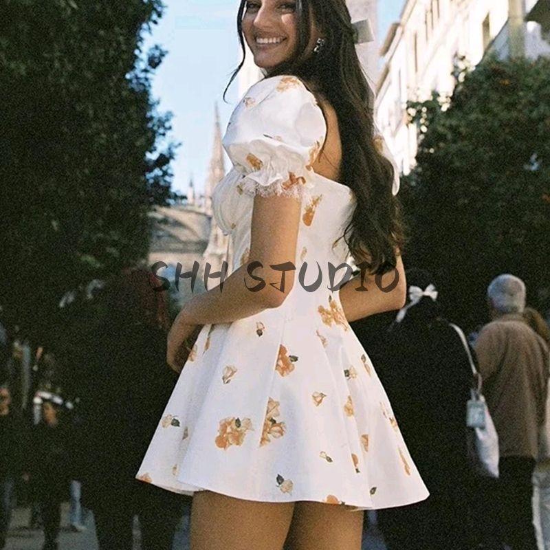 Summer New Product Women's Clothes French Vintage Style Printed Waist-Controlled Slim Looking Lace Patchwork Puff Sleeves Dress Short