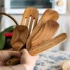 Teak Wood Pizza Shovel & Non-stick Spatula Set - Includes Frying, Salad, and Butter Scraper Spoons