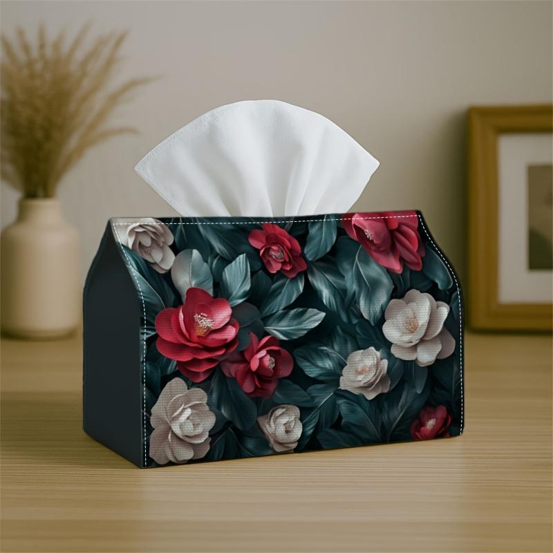 1pc Retro Dark Floral Tissue Holder Featuring Red And White Flowers with Green Leaves - Napkin Storage Organizer Suitable for Kitchen, Car, Elegant De