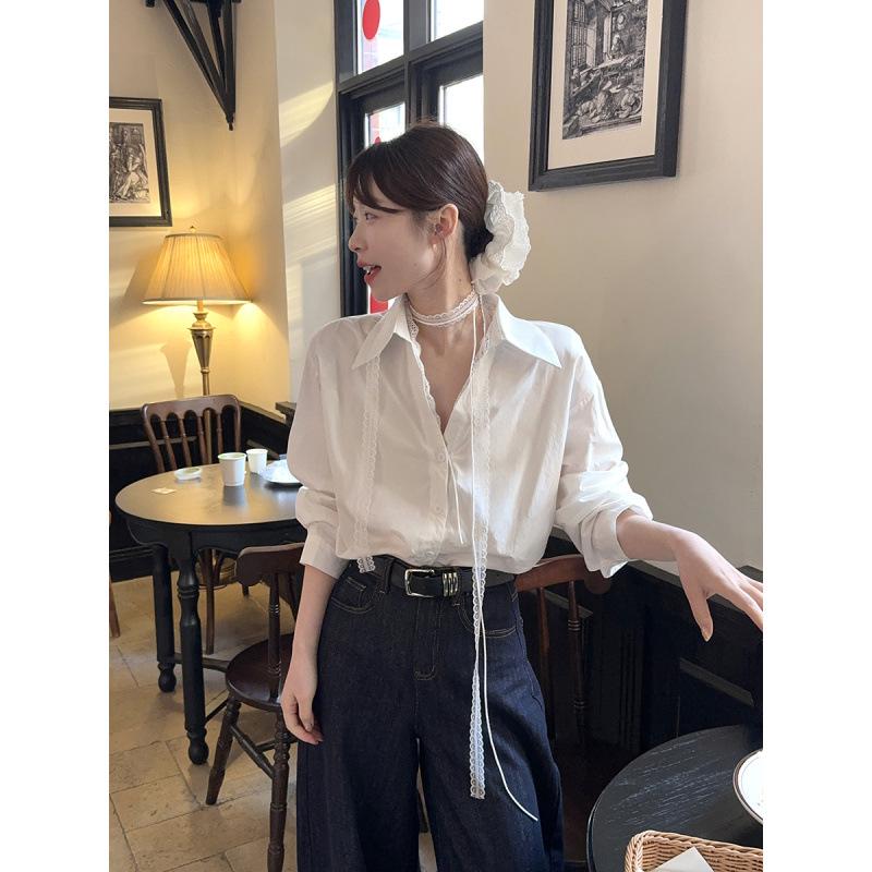 

Plus Size Elegant Lace Tie-Up Polo Collar Shirt - Spring Loose Design Medium синій