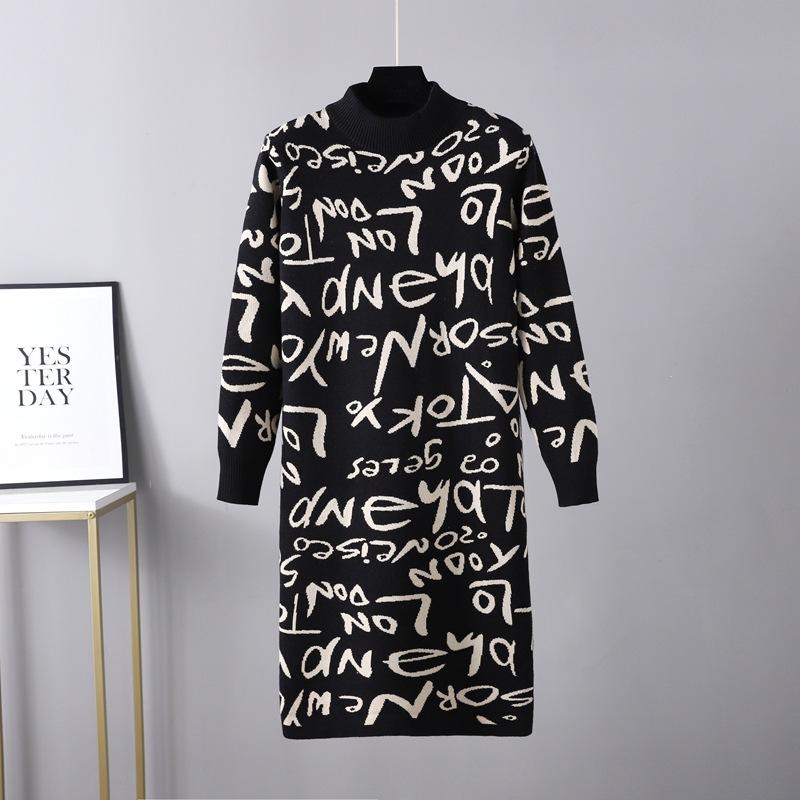 Women's Autumn and Winter Half-high Collar Retro Knitted Pullover Long-sleeved Letter Graffiti Sweater Dress
