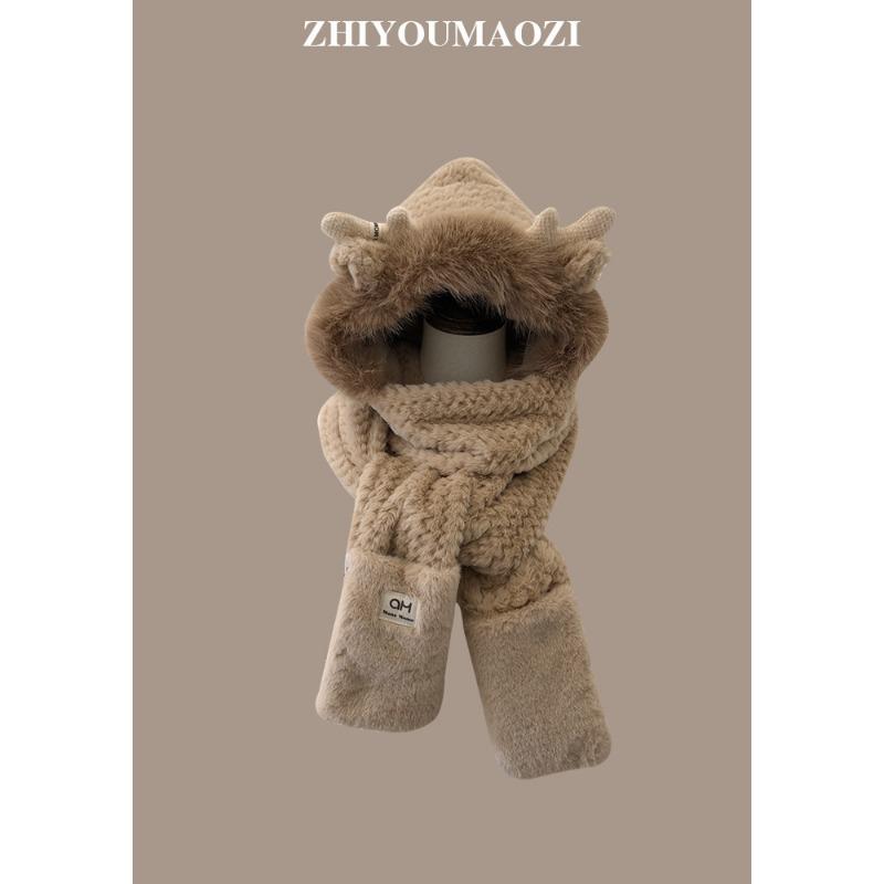 

Милая зимняя пушистая плюшевая шапка с рогами для женщин с защитой от холода и теплой защитой ушей, двойная утолщенная шапка, совмещенная со шарфом и перчатками One size