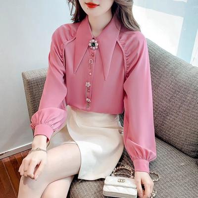 Temperamento apontou pescoço manga longa chiffon camisa para primavera outono nova frisado blusa de fundo cor sólida roupas femininas