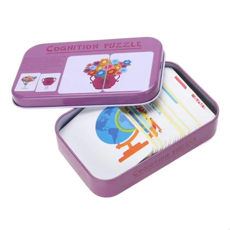Montessori Puzzle Toy Baby Cognitive Cards Toys Cards Matching Game Kids Car Fruit Animal Life Puzzle Iron Box Learning Toy Gift