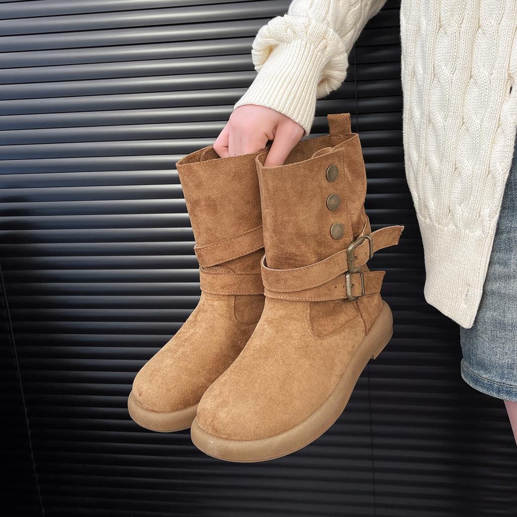 Autumn western trend short boots autumn and winter new velvet warm buckle niche design snow boots women