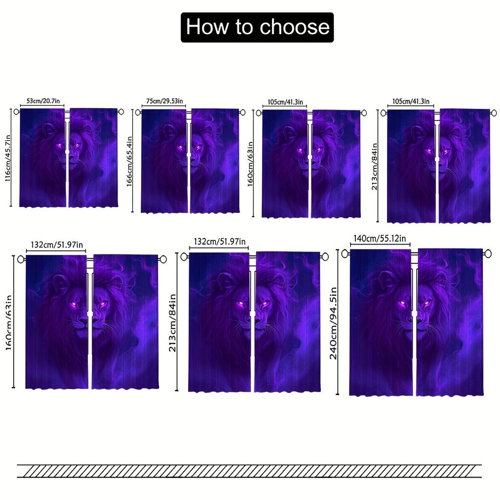 Set Of 2 Curtains Featuring Dark Purple Lion Patterns Flowing Mist Glowing Eyes Showcasing Unique Fantasy Curtain Blackout Polyester